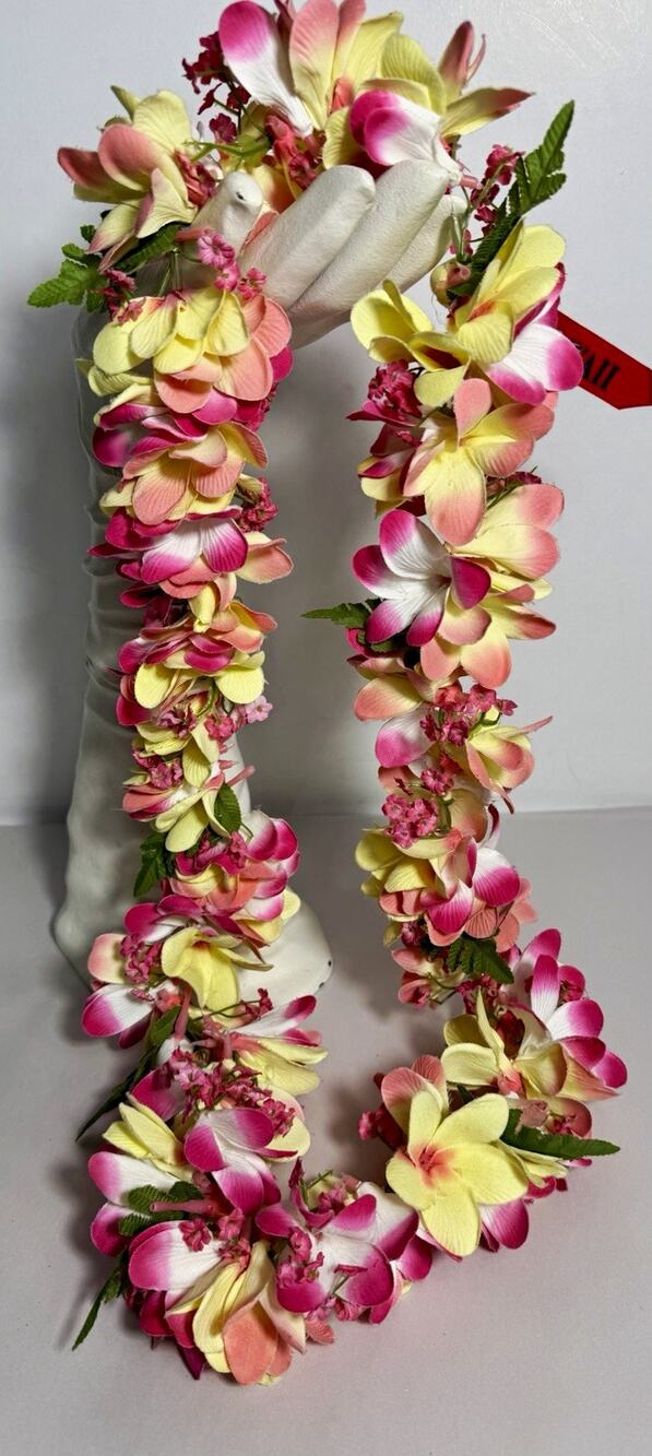 Vintage Hawaiian Artificial Flower Lei Necklace Garland Pink Yellow White